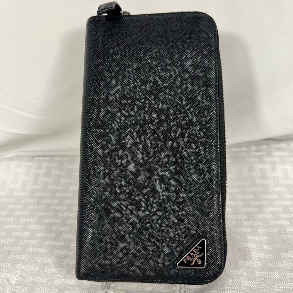 1002: Prada Black Saffiano Leather Zip Around Continental Wallet